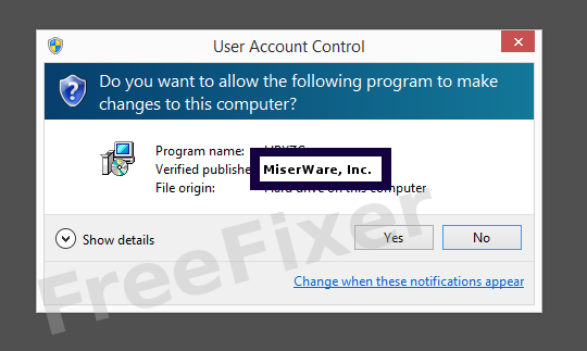 Screenshot where MiserWare, Inc. appears as the verified publisher in the UAC dialog